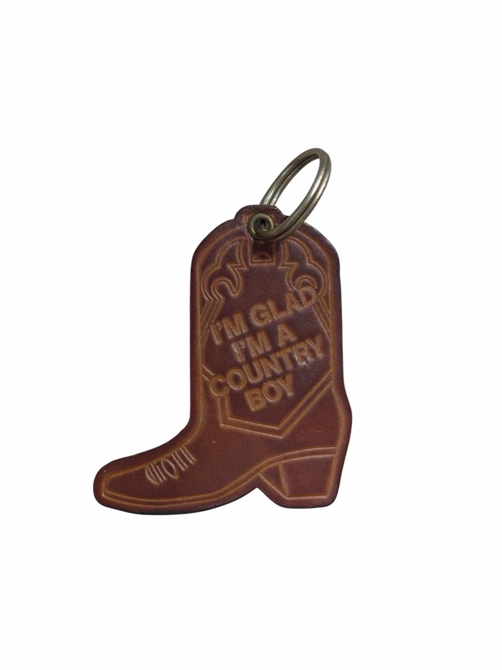 Vintage Leather Cowboy Boot Keychain “I’m Glad I’m a Country Boy” Western